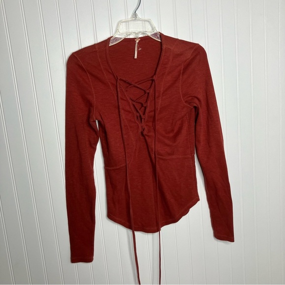 Free People Top Small  Orange Long Sleeve Stretch Lace-up Fall Boho Peasant - Picture 1 of 7